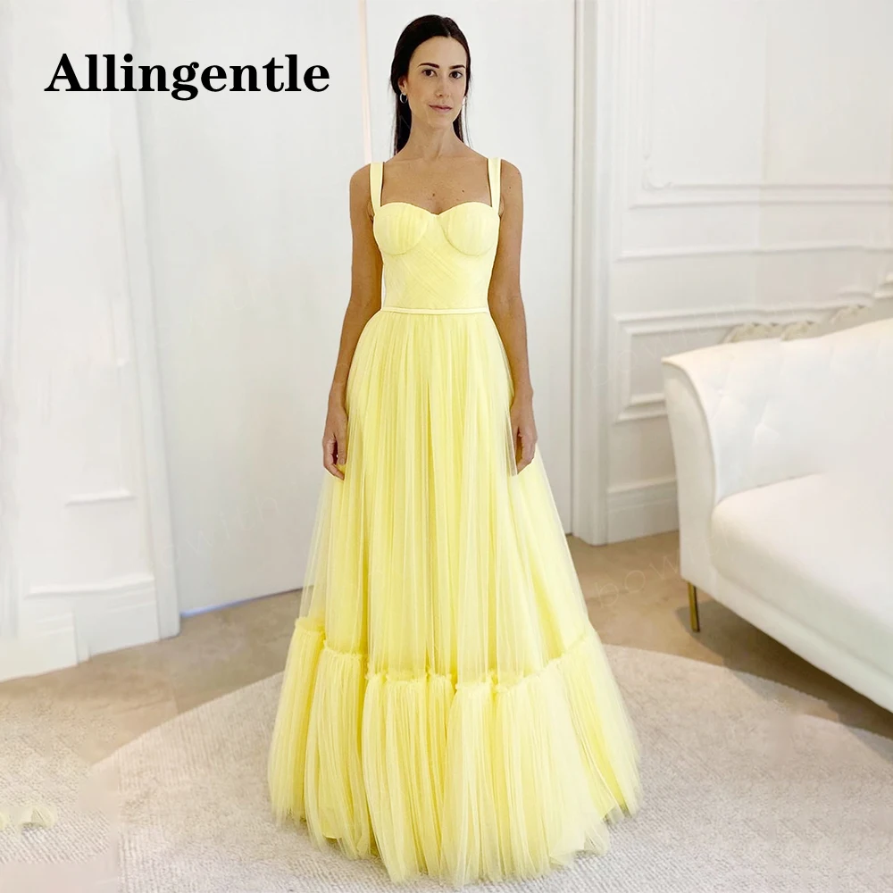 

Allingentle Yellow Prom Dresses A Line Spaghetti-Strap Party Dresses Women Elegant Sweetheart Tulle Evening Gowns Floor Length