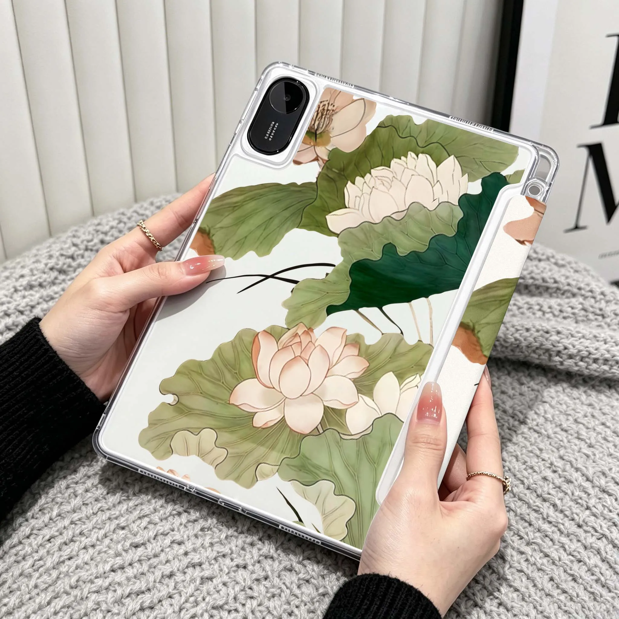 Cartoon Lotus Art Case For Xiaomi Redmi Poco Pad 5 6 7 8 Pro SE 11 11.2 12.1 Inch Transparent Y-Shaped Folding Tablet