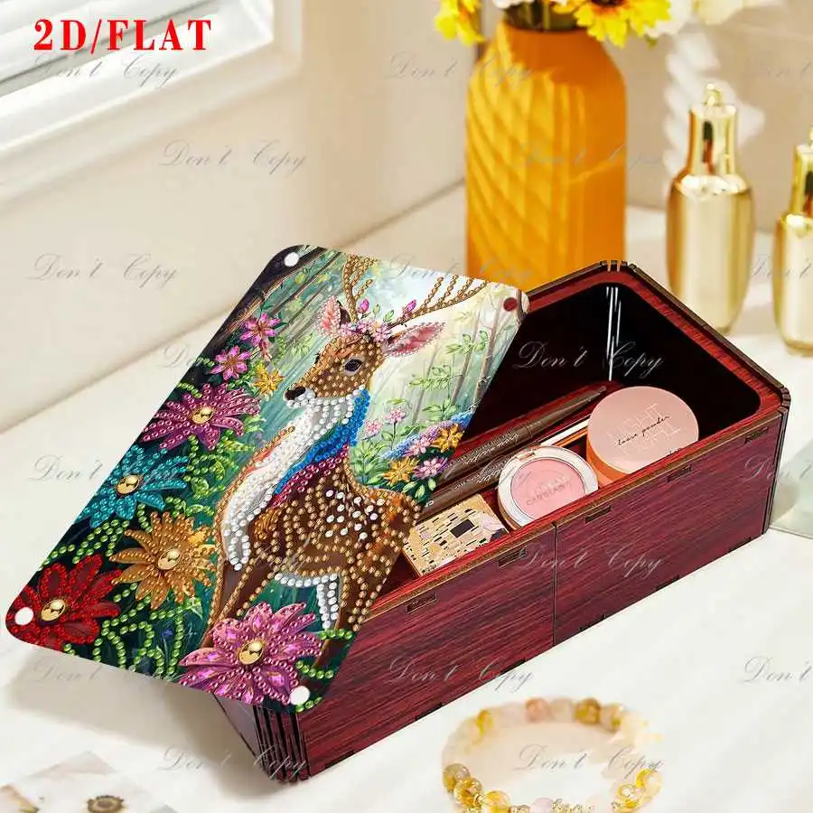 A set of diamond-encrusted red rectangular desktop storage boxes, decorated with creative spring floral and animal patterns.