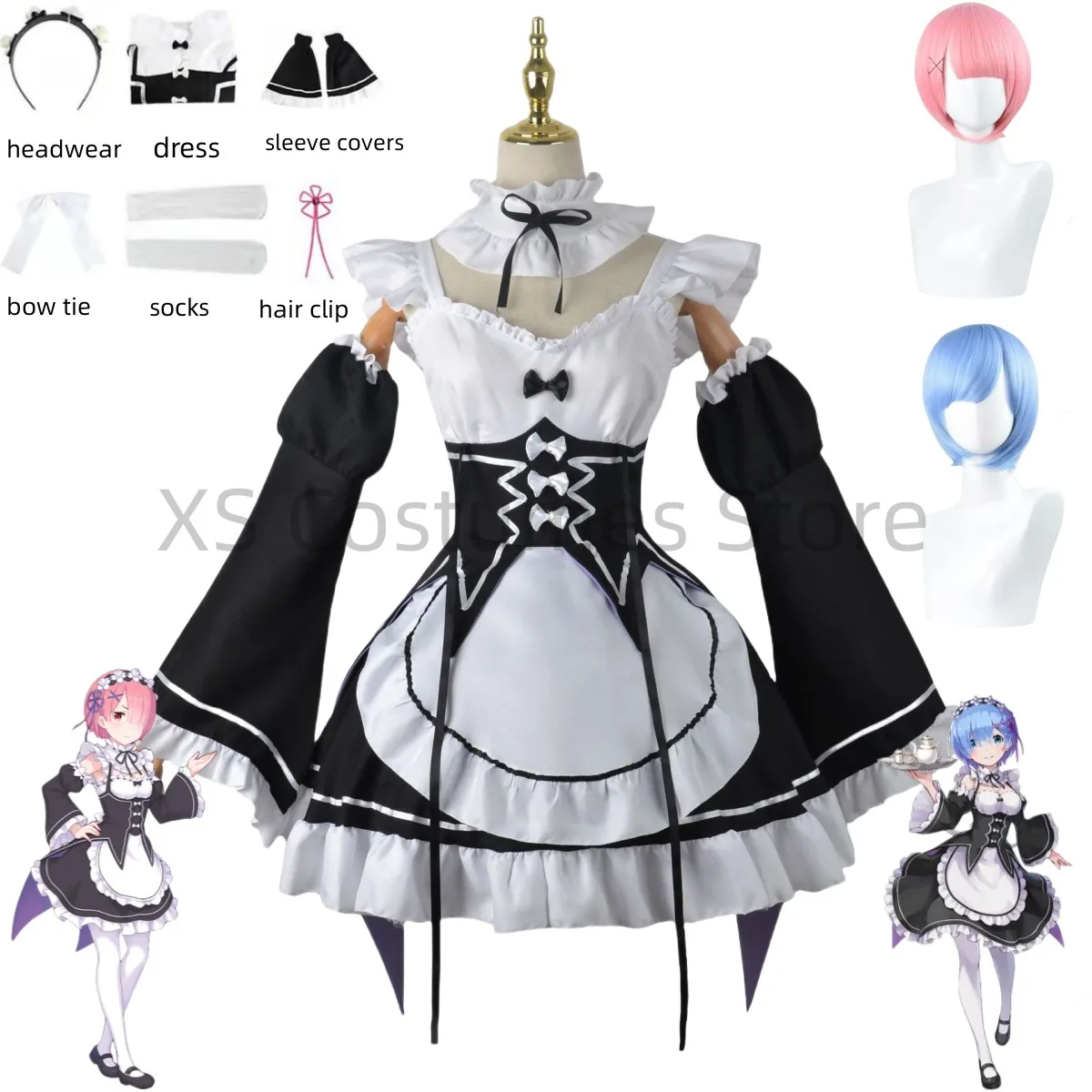 

Ram Rem Cosplay Costume Wig Anime Re Life in A Different World From Zero Dress Maid Outfit Sexy Uniform Set