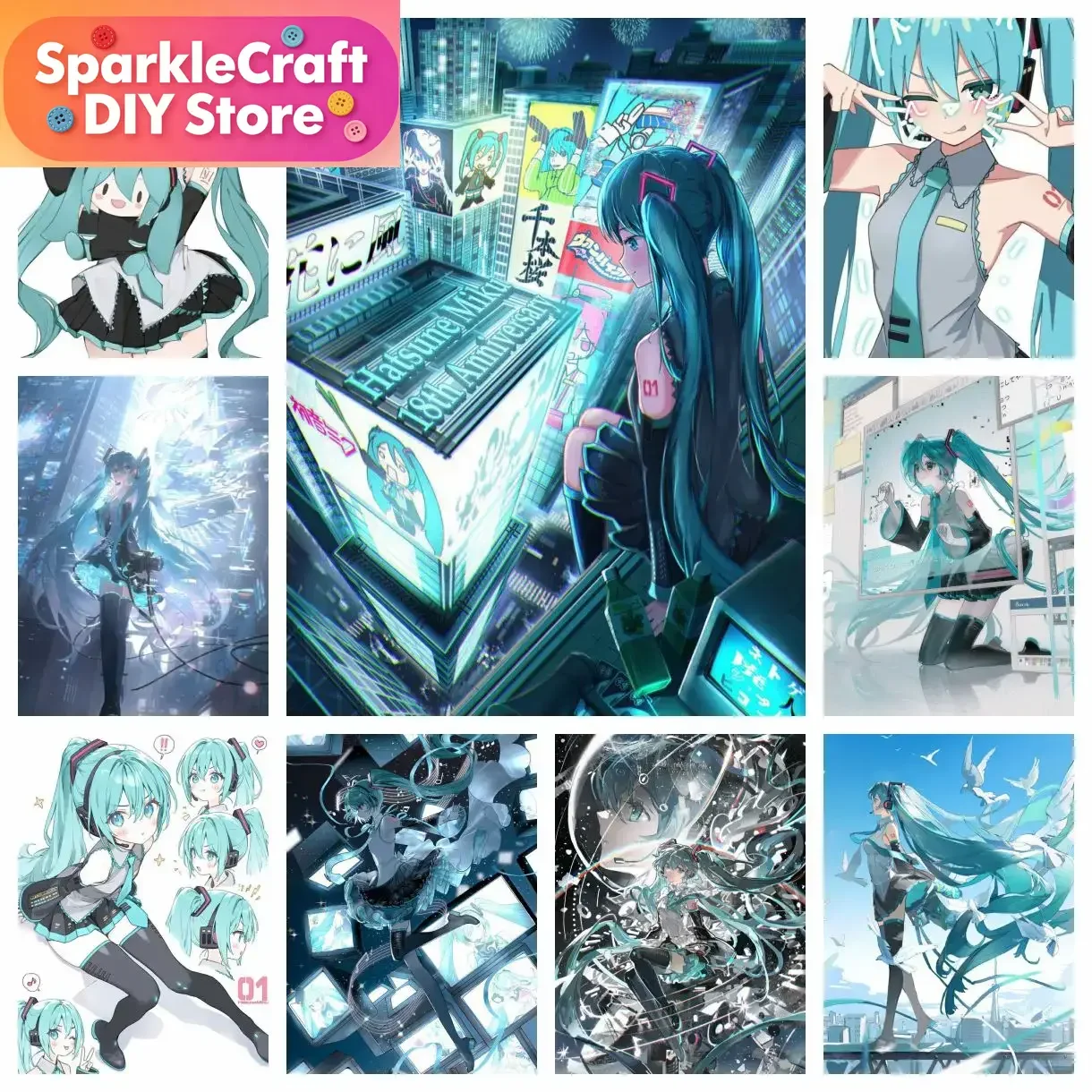 1 Stück rahmenloses Hatsune Miku Anime Cartoon Mädchen Ölgemälde 5D DIY Vollrund-Diamantmalerei Wandkunst für Spielzimmer Heimdekoration