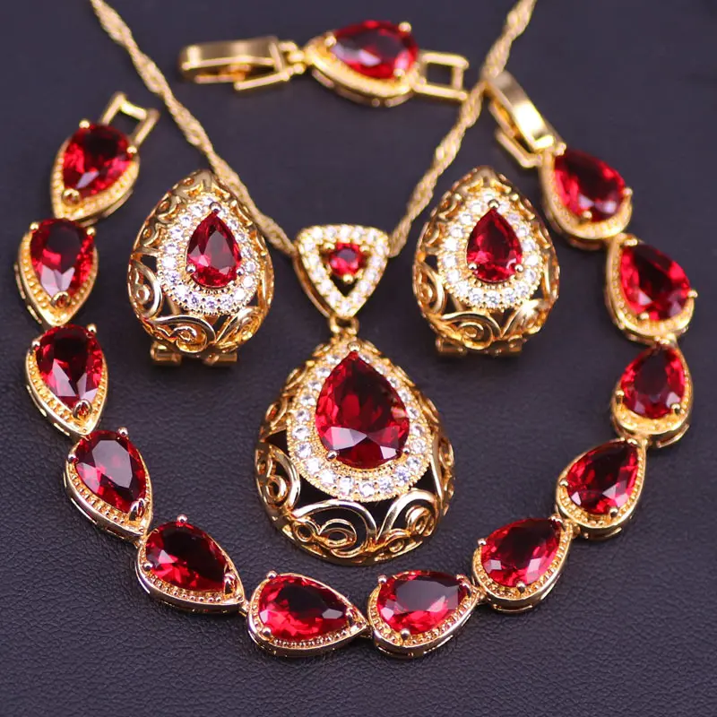 Lucky Style Pear Red Stone Gold Costume Jewelry For Women Necklace Bracelet With Hoop Earrings Set In Store