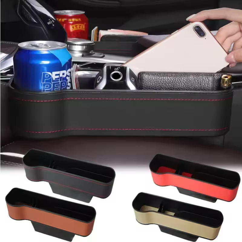 Car Seat Gap Organizer installed in a luxury sedan showing organized phone and keys
