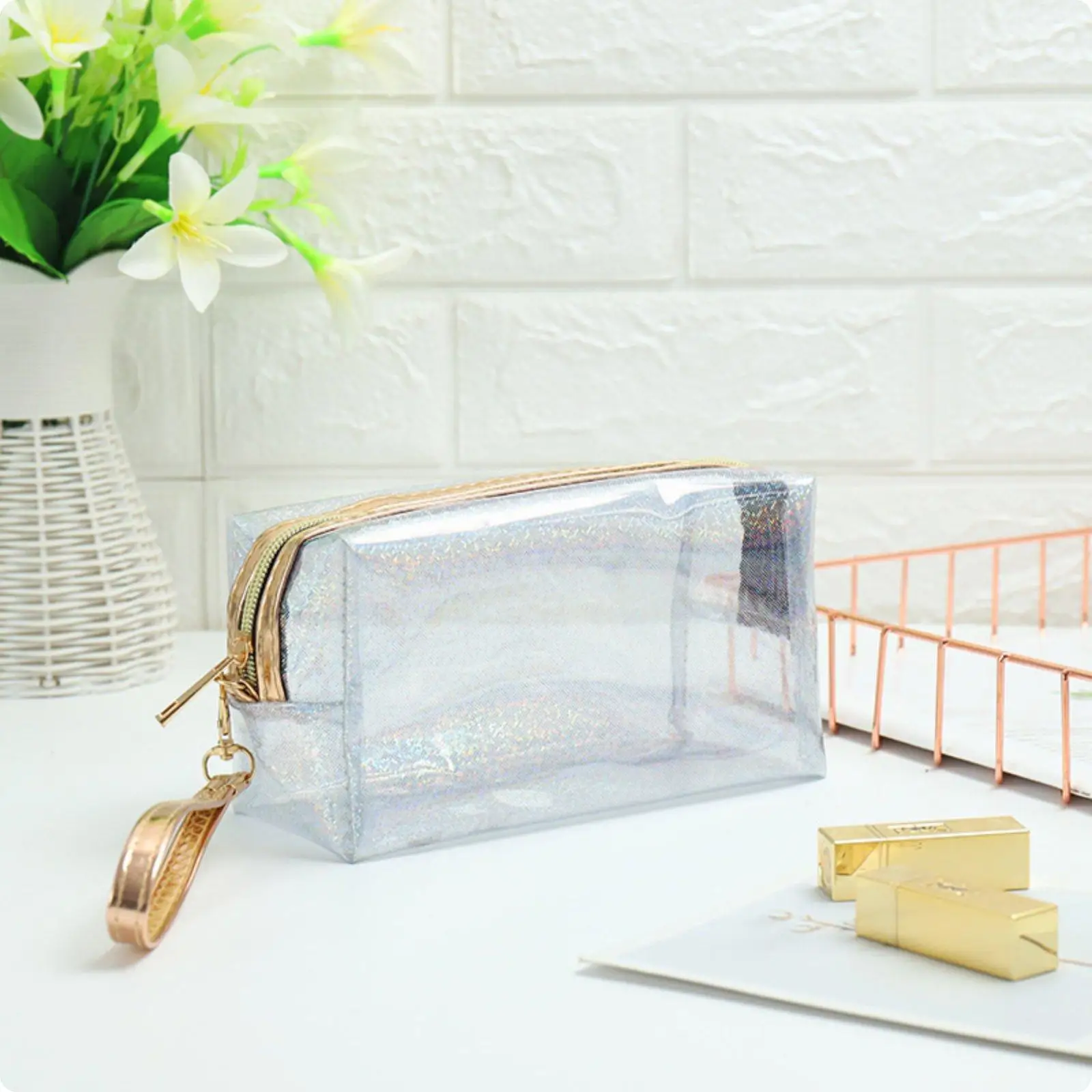 2xTransparent PVC Makeup Bag Large Capacity Transparent PVC Travel Pouch Portable Waterproof Travel Organizer Bag for Trip