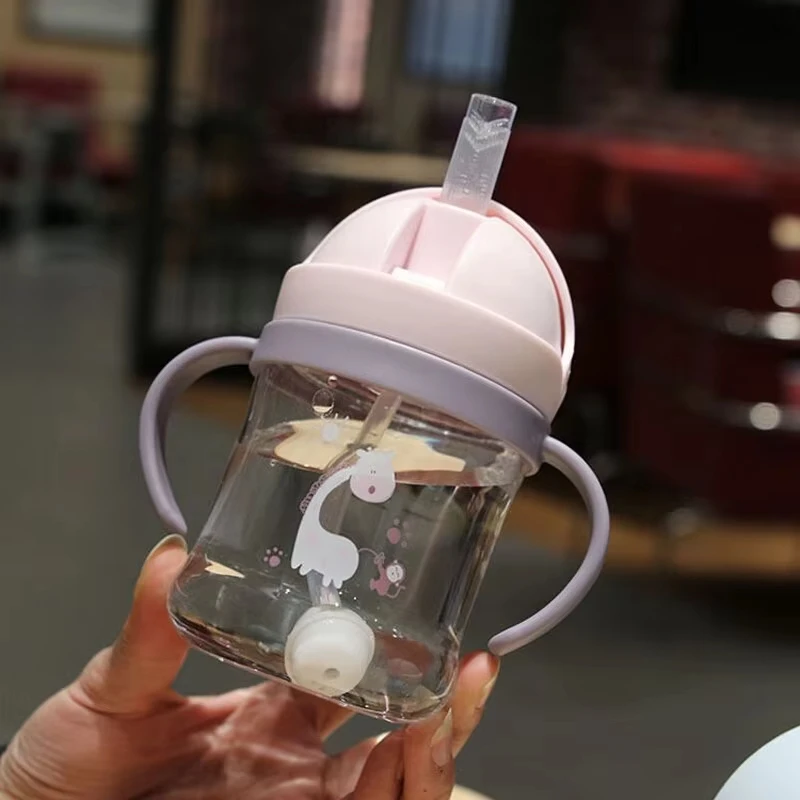 250ML Cartoon Pattern Outdoor Child Drinking Bottle with Straw Baby Feeding Cup for Kids Training Portable Handle Water Bottle