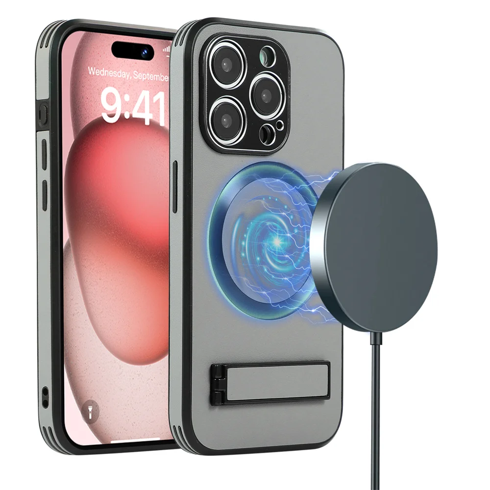 Luxuriöse magnetische Lederhülle mit Ständer für iPhone 18 17 16 15 14 11 12 13 Pro Max, kabelloses Laden für Magsafe, stoßfeste Abdeckung – Detail 2
