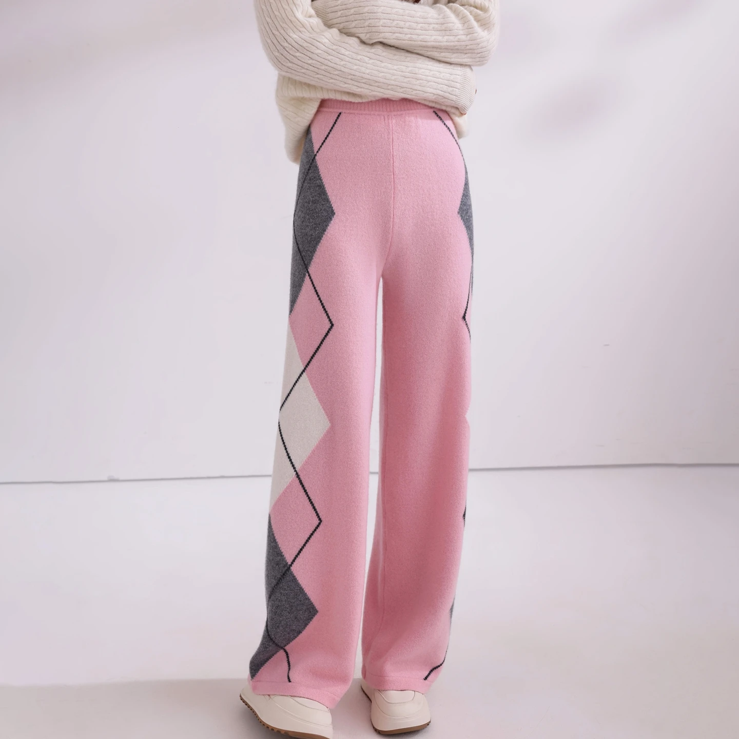 Autumn/Winter 100% Merino Wool Pants Women's Fashion Color blocked Diamond Block Knitted Pants Fashion Cashmere Wide Leg Pants.