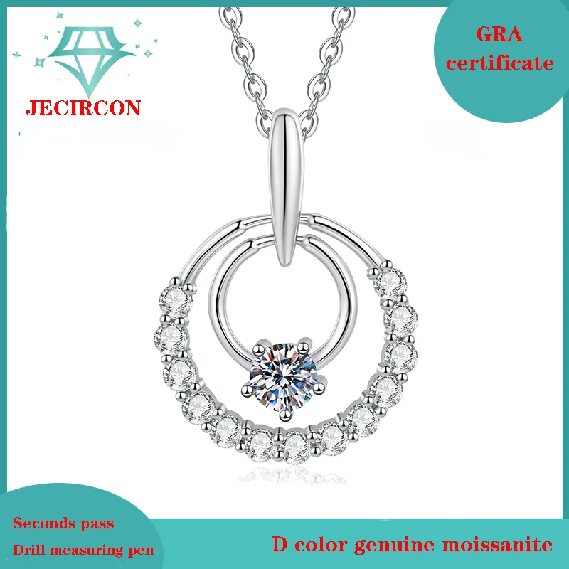 

JECIRCON 0.5CT Moissanite Necklace for Women S925 Sterling Silver Round Pendant Diamond-Embedded Sweet INS Style Clavicle Chain