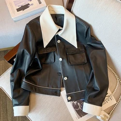 Autumn New Black and White Lapel PU Leather Jacket for women high-Quality Moto Biker Jacket fashionable casual Coat