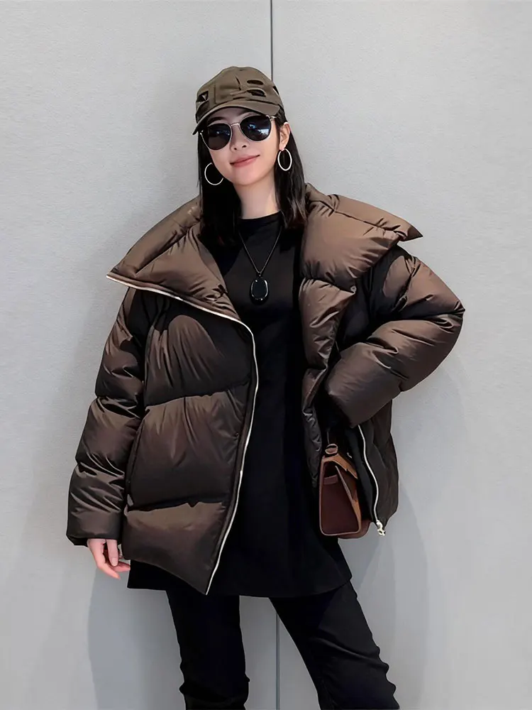 Faionable Brown Bread down Jaet Women's Winter New Sle Big Collar Street Sle Commute Sle Korean Version Polyester F...