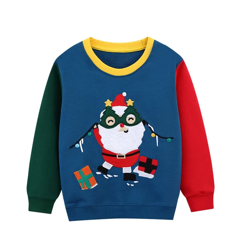 Jumping Meters 2-7T Christmas Boys Girls Sweatshirts Santa Claus Embroidery Long Sleeve Baby Hooded Sport Autumn Spring Tops