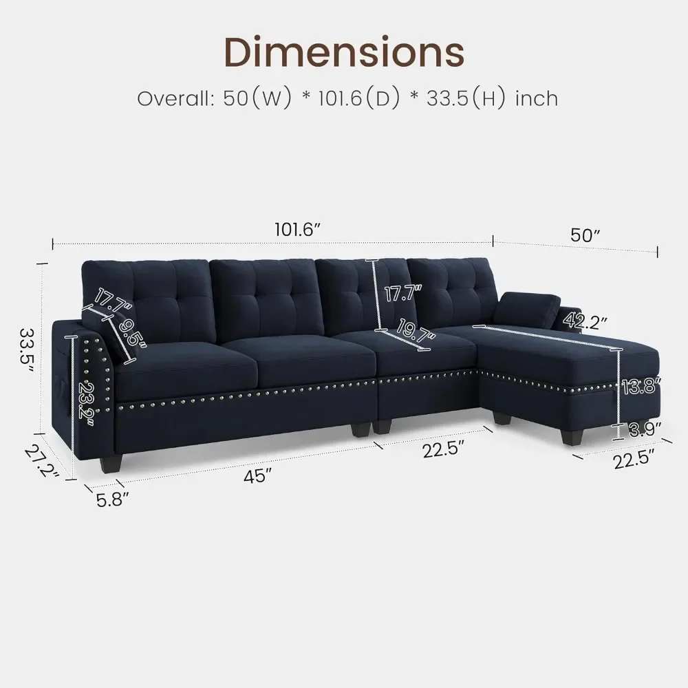 Velvet Convertible Sectional Sofa L Shaped Couch with Storage Ottoman Reversible Sectional Couch Sofa for Small Space,Dark Blue