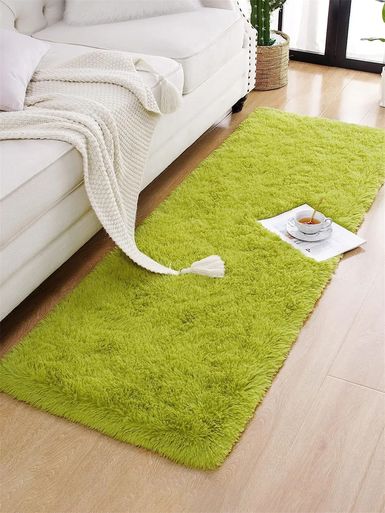 Loyangogo-alfombra decorativa de felpa larga y suave, color verde, adecuada para habitación, sala de estar, dormitorio y mesita de noche