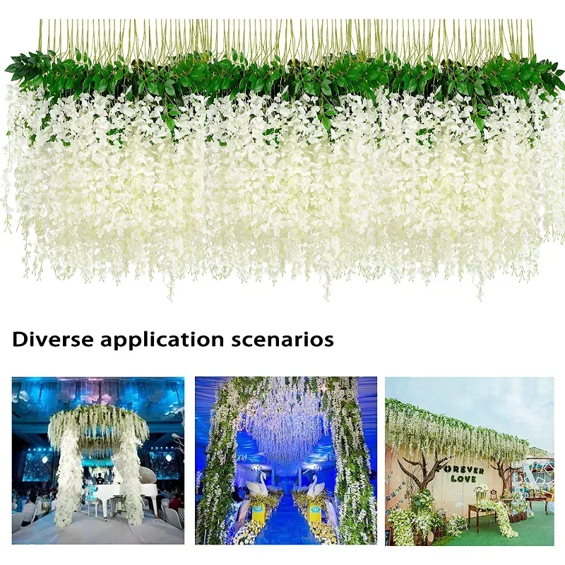 12pcs Wisteria Artificial Flowers Vine Wreath Wedding Arch Decoration Leaf Rattan Trailing Silk Flower Ivy Wall Decor Plants