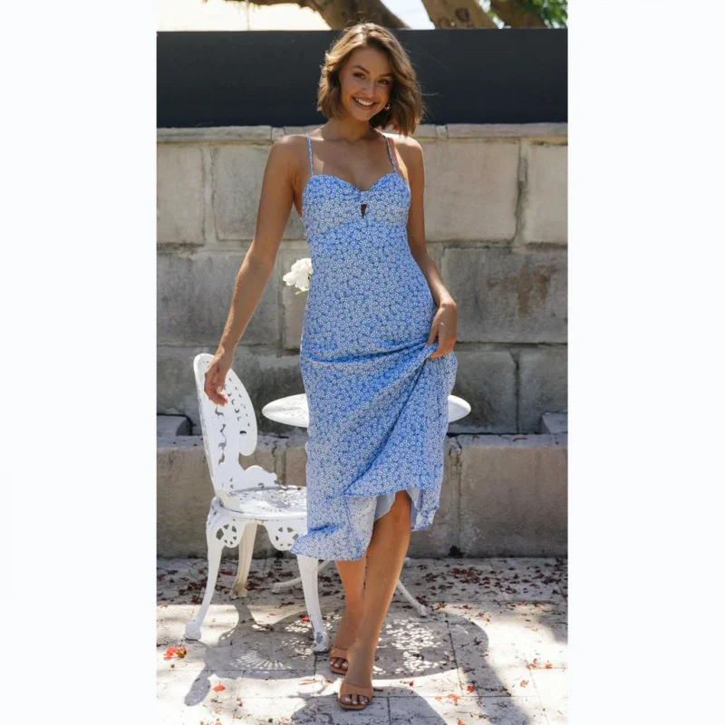 فستان بحزام على الطراز الأوروبي والأمريكي للربيع والصيف بطباعة رقمية