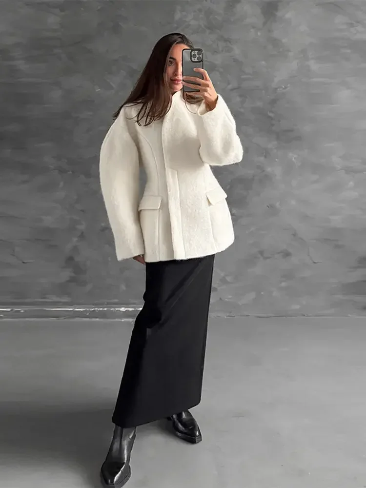 2026 Autumn Winter New StreetwearThickened Woolen Women's Coat Stand Collar Button Waist-cinching Long Sleeve Female Jacket