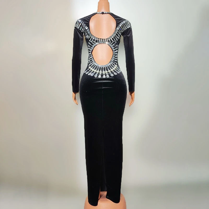 2025 Women Luxury Designer Sexy Cut Out Long Sleeve Crystal Maxi Long Velvet Dress Celebrity Evening Club Party Gala Gowns