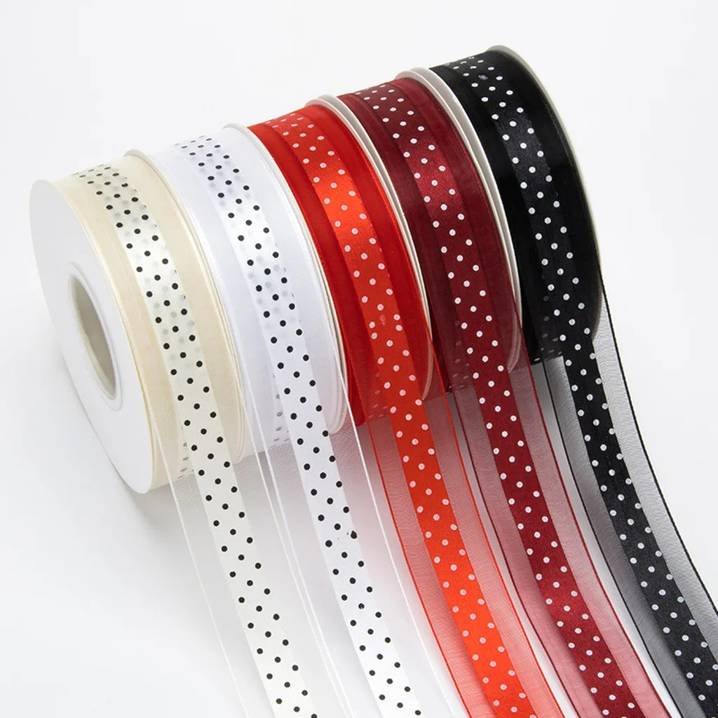 2.5cm Wide 25 Yards per Roll Black Polka Dot Printed Polyester Satin Ribbon for Gift Wrapping Flower DIY Crafts Decoration