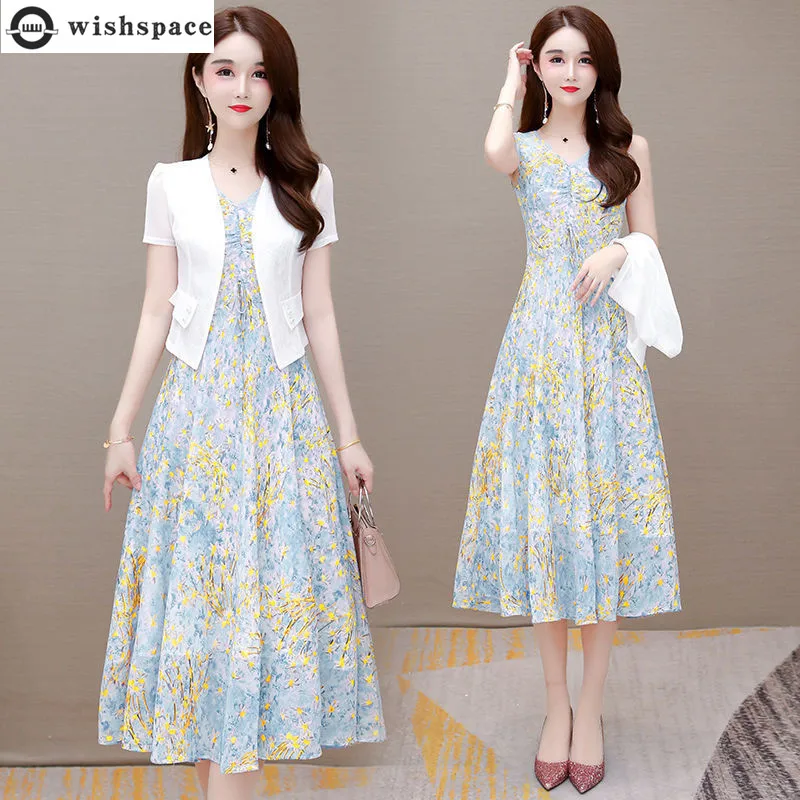 

Printed Chiffon Dress Summer Women 2022 New Fashion Temperament High Waist Slim Two-piece Elegant Women's Skirt Suit