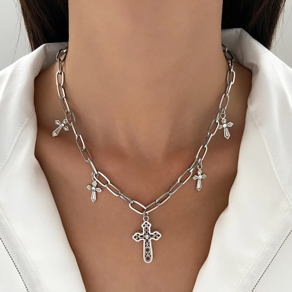 Punk Style Zircon Cross Pendant Necklace for Women Vintage Pearl Crystal Choker Chains Religious Jewelry Trendy Hip Hop Gifts