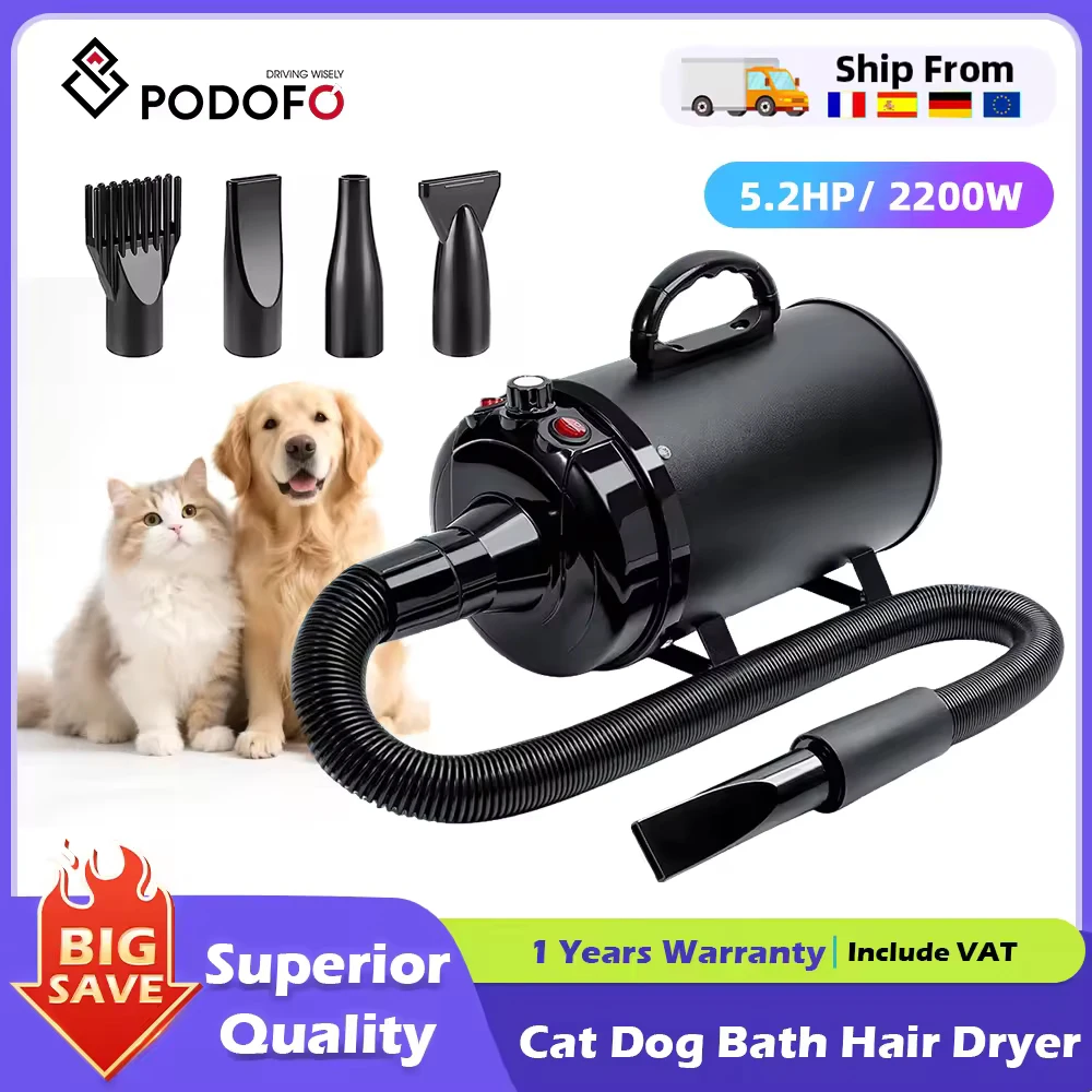 Podofo-secador de pelo de alta velocidad de 5,2 HP para perros, soplador de aseo para mascotas, Secador de viento cálido, secadora rápida y silenciosa para mascotas