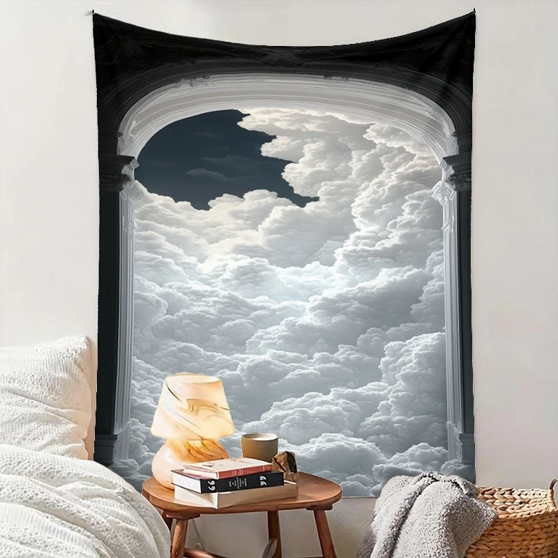 1PC Arch Cloud Black White Art Print Backdrop Banner, Bedroom Living Room Photo Background, Polyester, Home Decor, Wall Art