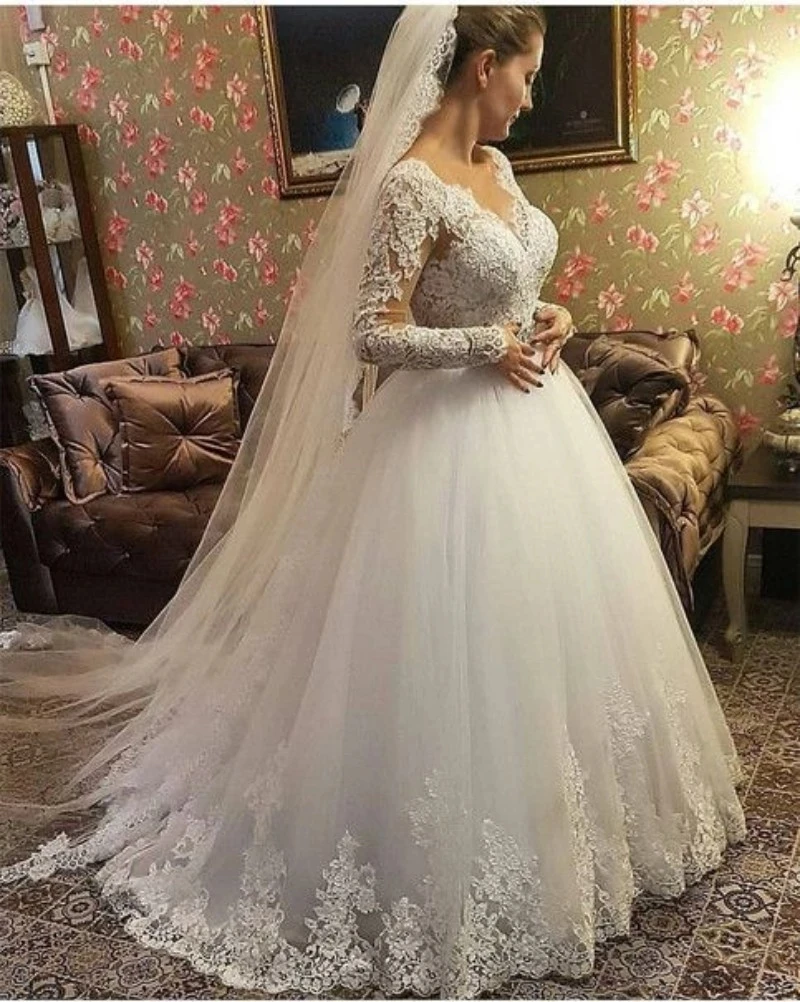 ANGELSBRIDEP Ball Gown Long Sleeves Wedding Dresses Vestido De Noiva Luxury Applique V-Neck Bride Dress Formal Bridal Gown HOT