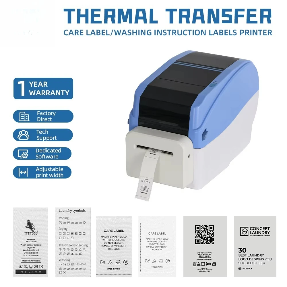 Desktop Thermal Transfer Laundry Label Printer 15-60mm Width Waterproof Permanent Garment Care Tag Printer for Apparel Factory