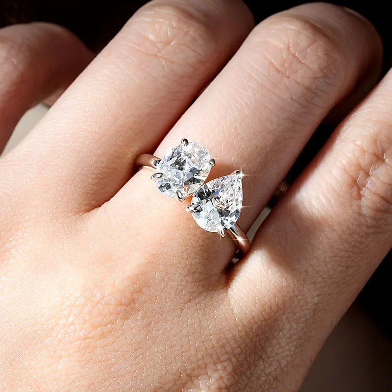 Lnngy 7 x 9 mm ovaler/birnenförmiger klarer Zirkon-Ring, exquisites Design mit zwei Steinen, verstellbare Ringe für Frauen, 2026 Trend-Schmuck, Geschenk – Detail 13