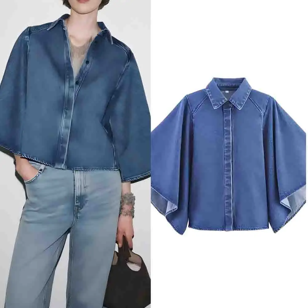 

Women's new fashion comfortable casual denim kimono style shirt retro long sleeved Button-up women's shirt chic top