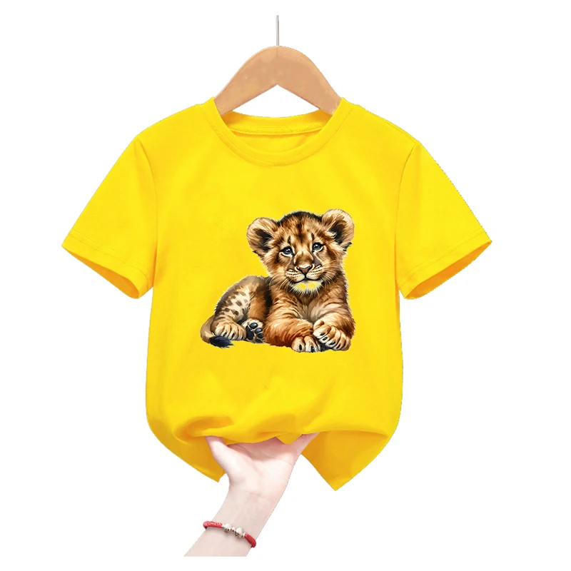 

2024 Hot Sale Lion Animal Print T Shirt Girls/Boys Funny Yellow Kids Clothes Summer Short Sleeve T-Shirt Harajuku Shirt