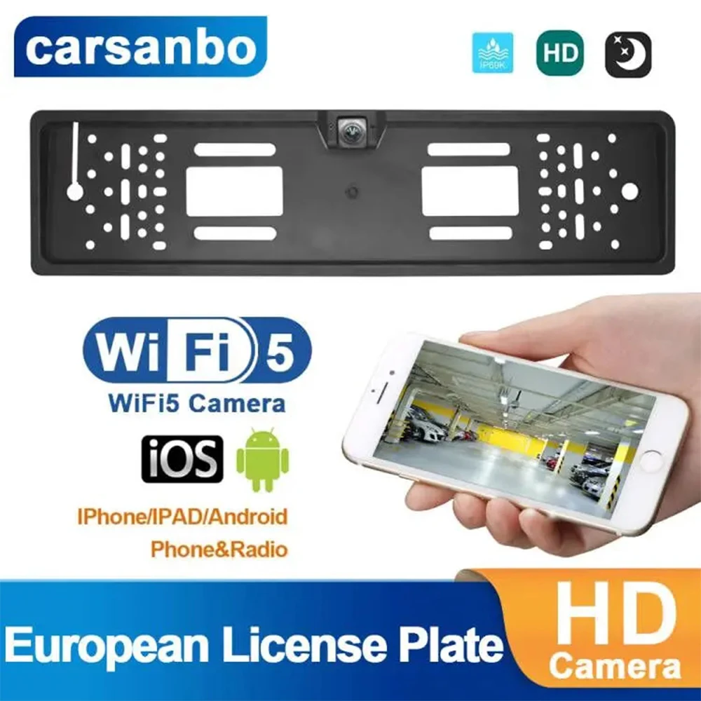 

Carsanbo WIFI Car RearView Camera European Hanging Type FrontView WirelessCar License Plate Frame Reverse Camera For IOS/Android