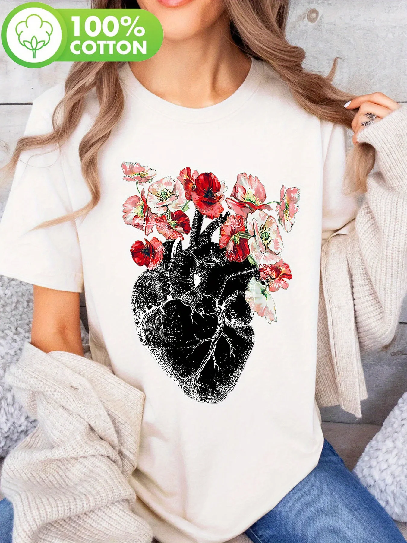

Women's Anatomical Heart & Floral Print Tee - Beige T-Shirt with Red/Pink Flowers, Crew Neck Casual Top for Floral enthusiasts