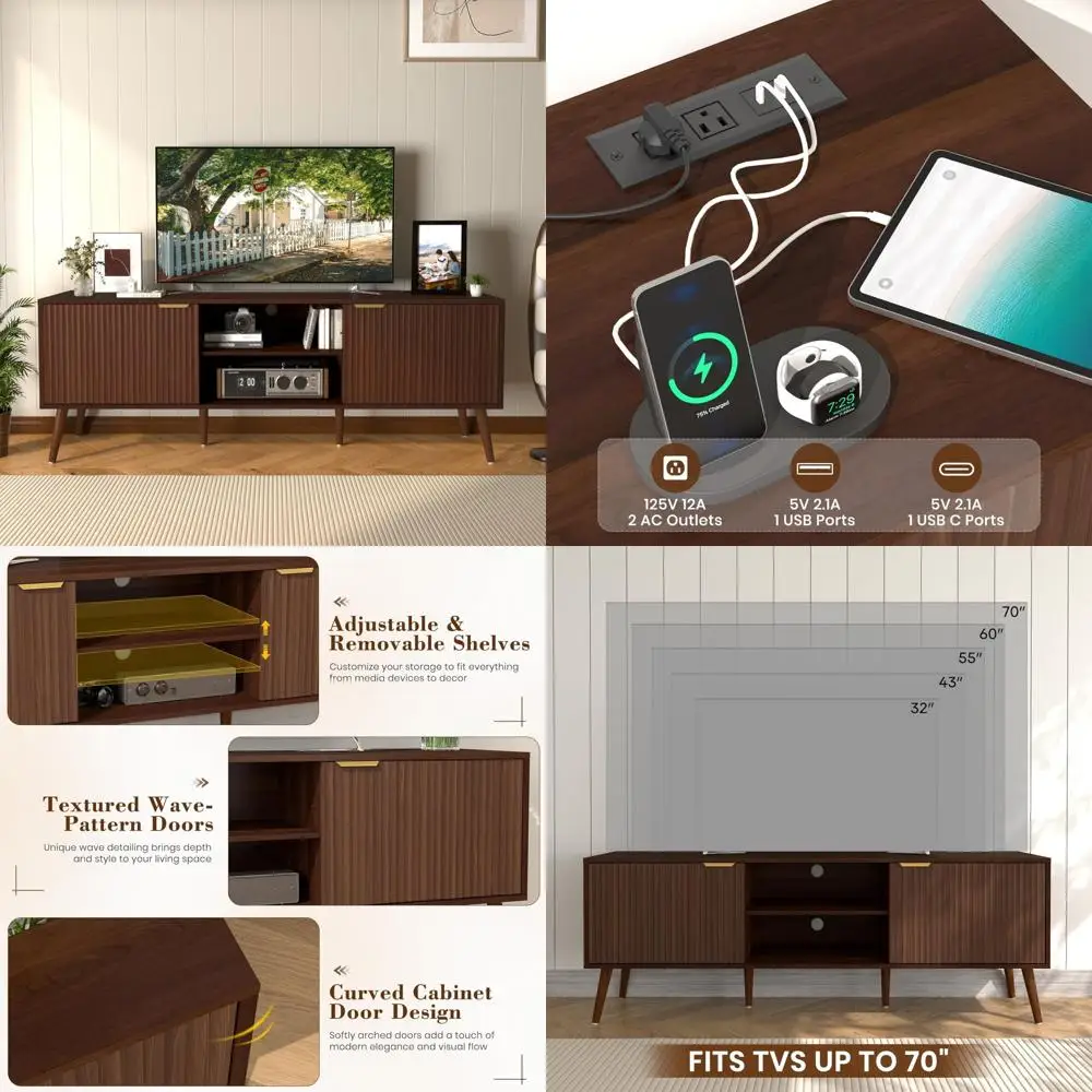 Mid Century Modern TV Stand for 55-70 Inch TVs: Entertainment Console with Power Outlet and Door