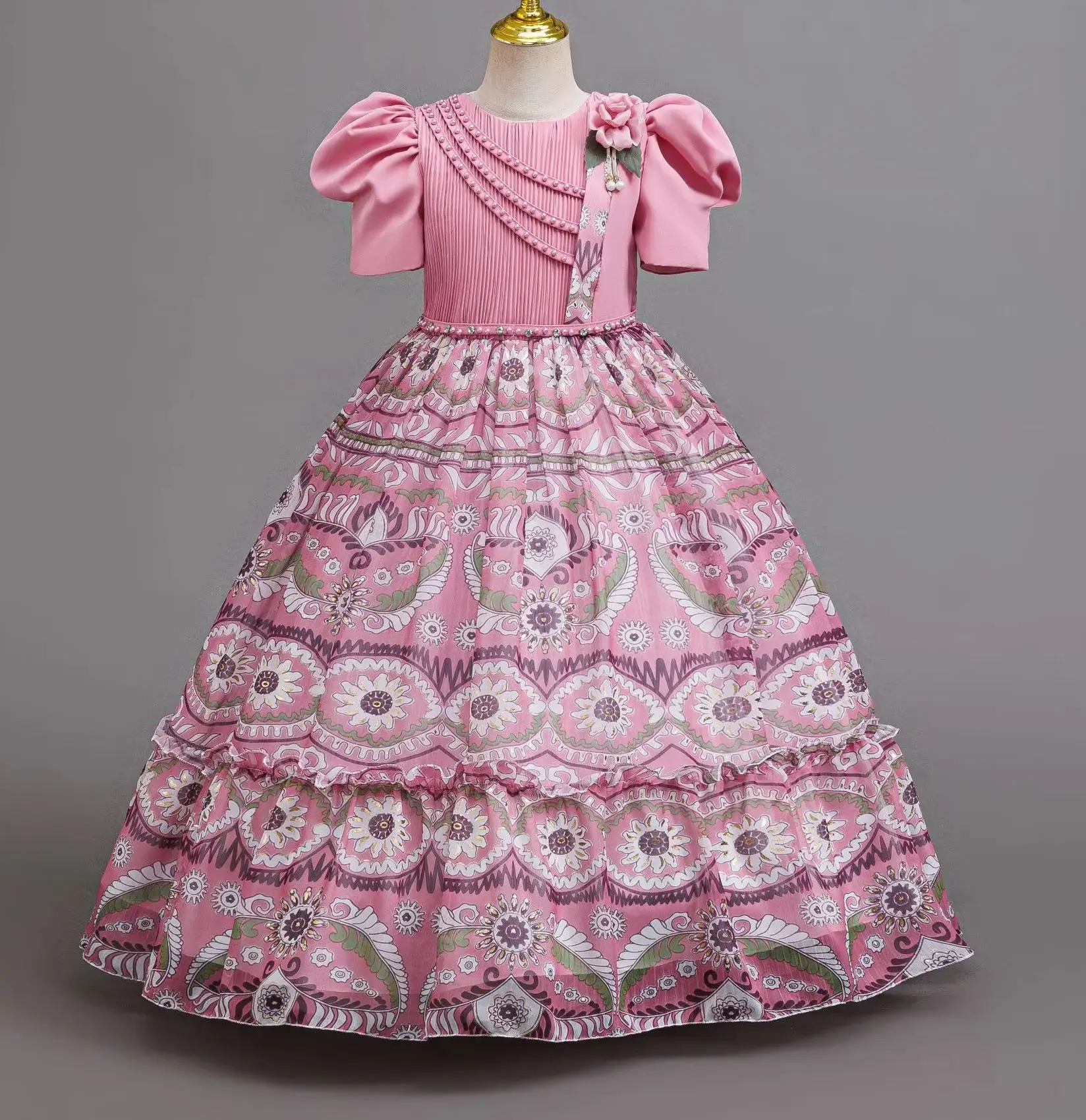 Formal Girl Party Dresses Pattern First Communication Girls Long Dress Beading 4-12 Years Puffy Sleeve