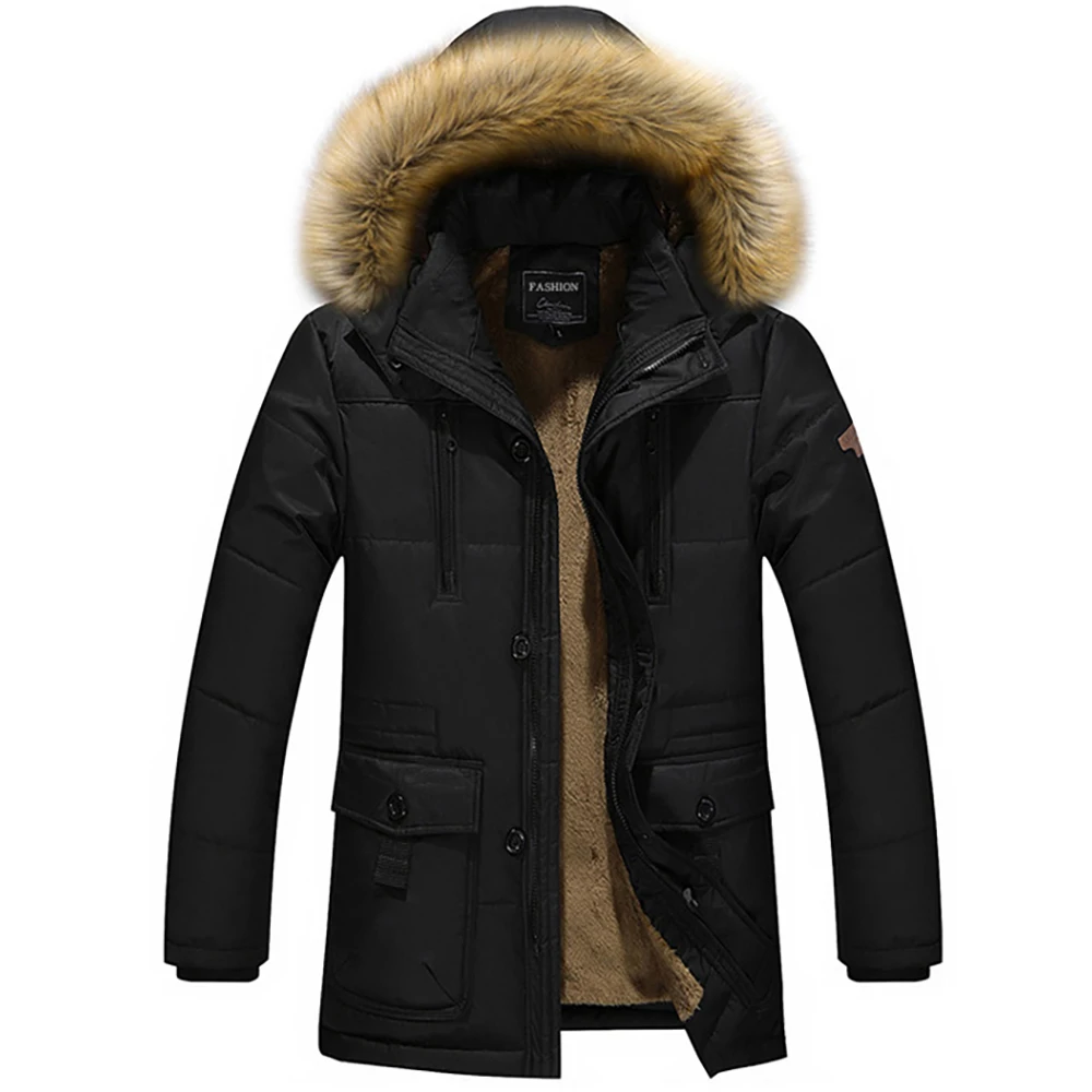 TRAF 2024 Winter Fashion Comfort Men\'s Raccoon Collar Medium Length Plus Wool Plus Size Hooded Cotton-Padded Jacket