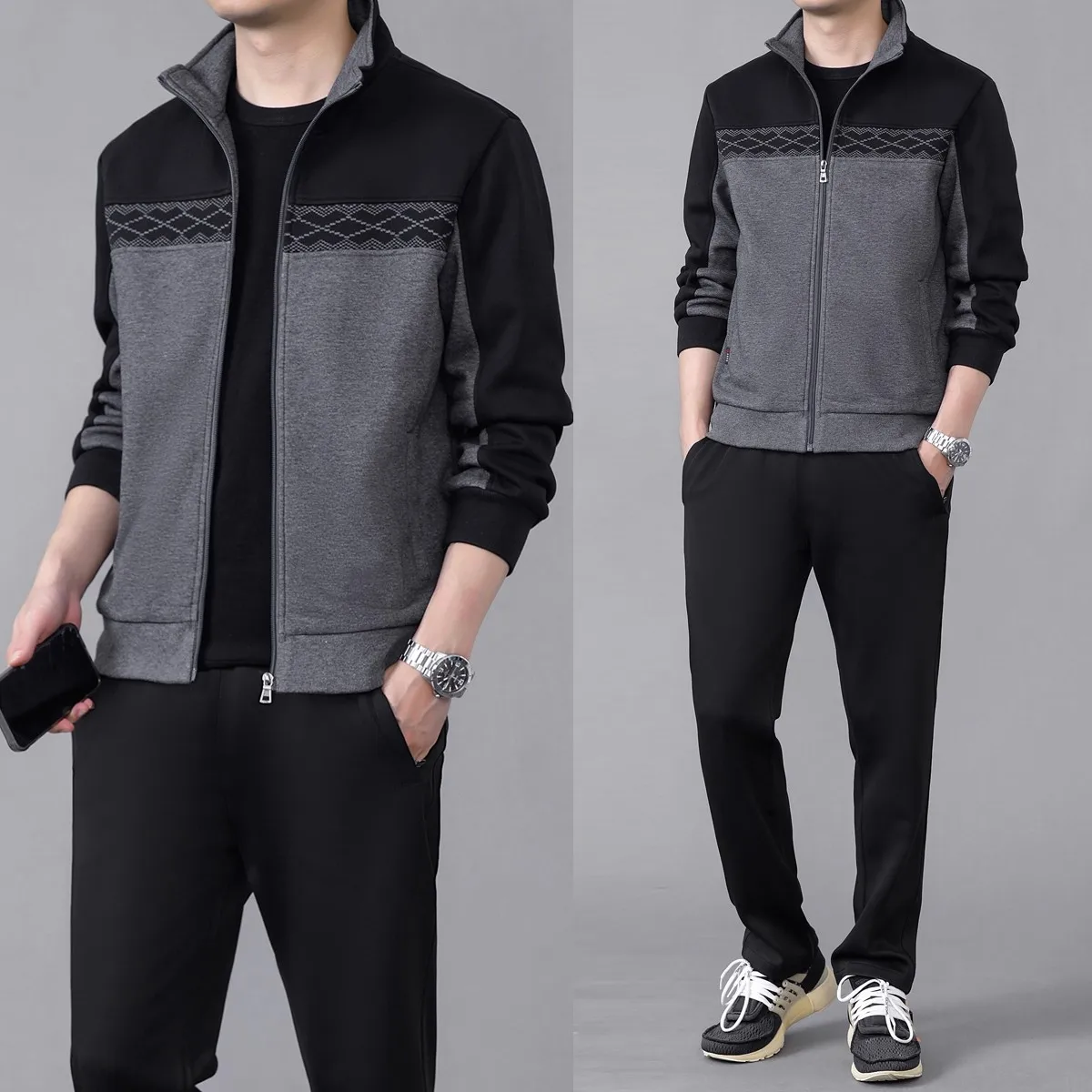 

Повседневный мужской спортивный костюм-двойка с флисовой подкладкой, воротником-стойкой и кардиганом-свитшотом, весна-осень, для папы