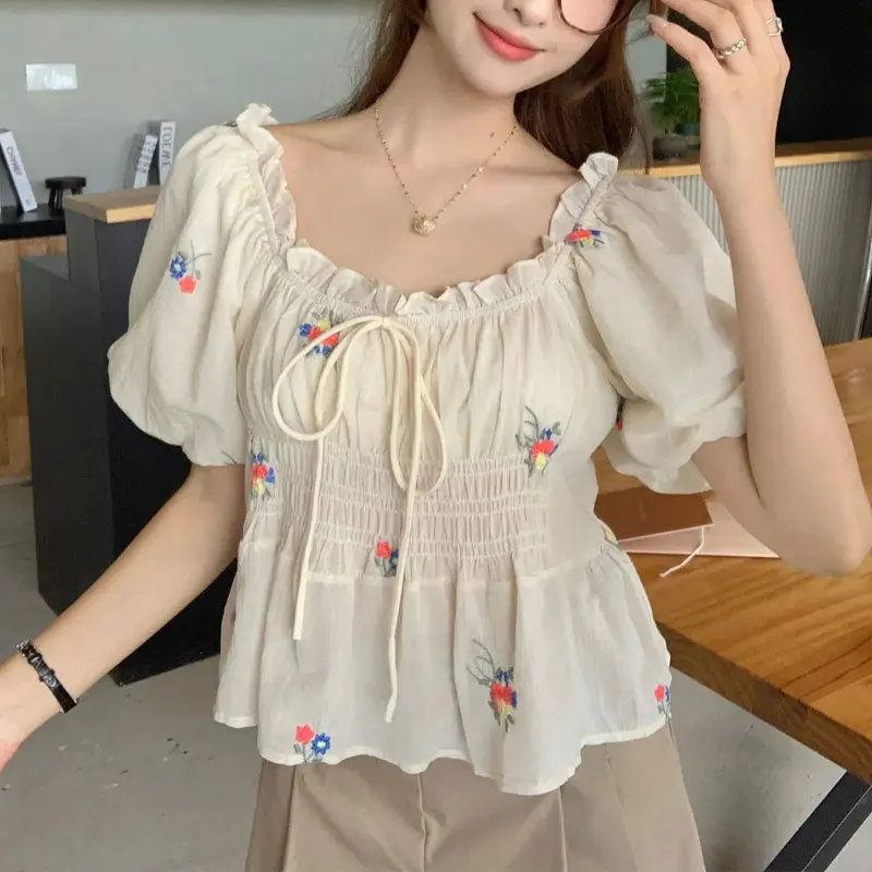 Elegant Square Collar Shirt Sweet Broken Flowers French Style Fashion Shirring Women\'s Clothing Summer Basic Drawstring Blouse