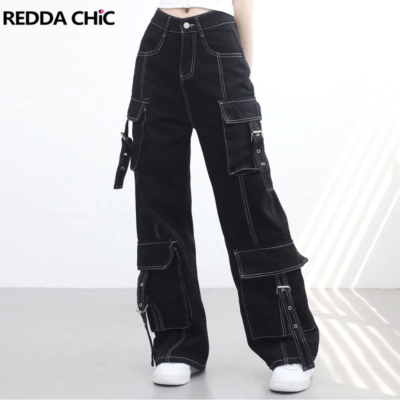 REDDACHiC Buckle Belt Cargo Pockets Baggy Jeans for Women Retro Black High Waist Wide Leg Work Pants Loose Casual Y2k Streetwear