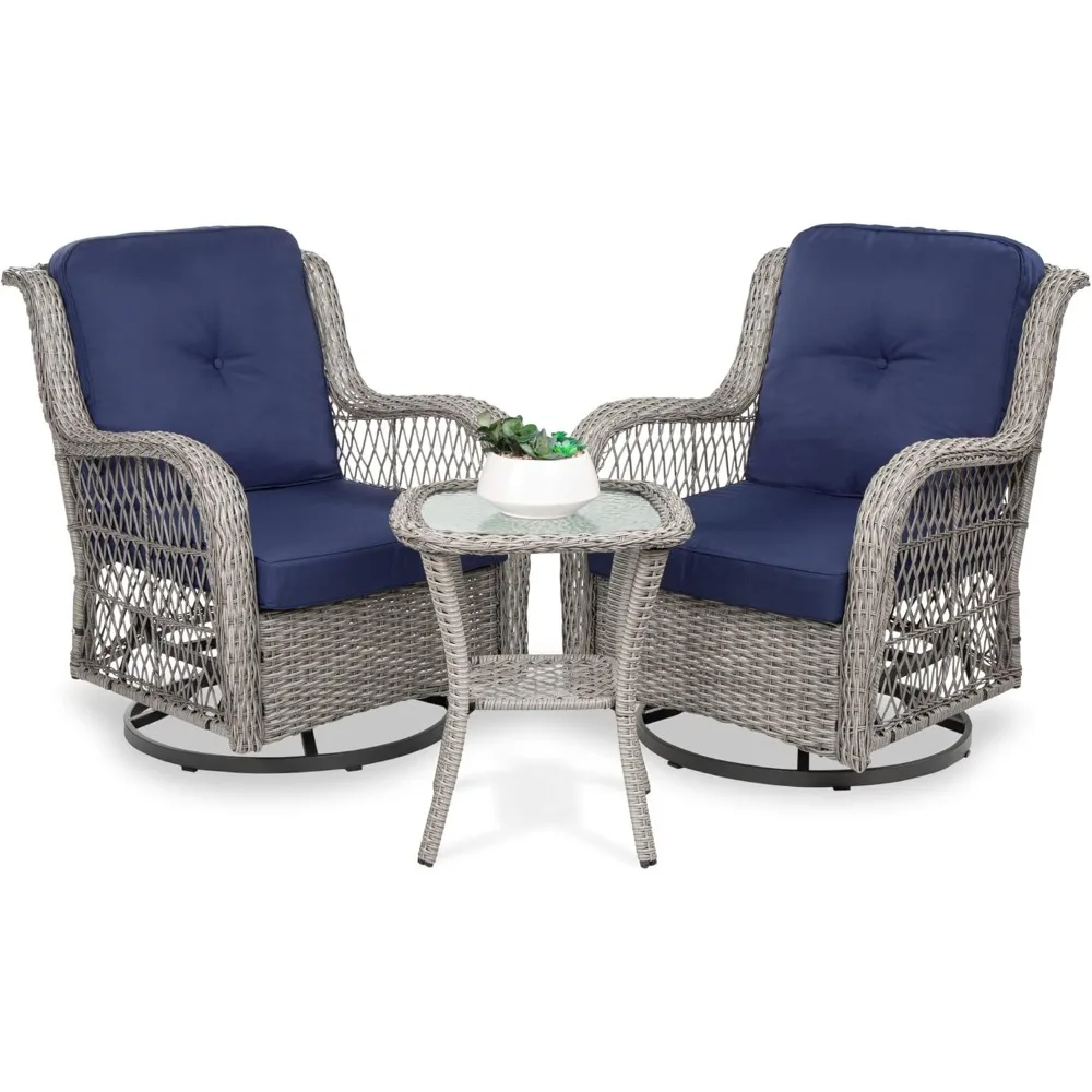 

3-Piece Outdoor Wicker Patio Bistro Set w/ 2 360-Degree Swivel Rocking Chairs and Tempered Glass Top Side Table - Navy