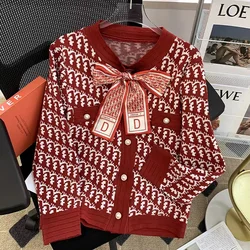 Spring Autumn Sweater Jacket 2024 New Women's Design Fashion Knitted Cardigan Coat Red Pink Black Grey Knitwear Tops Female