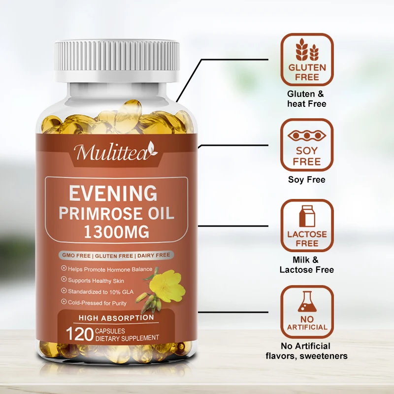 Mulittea Pure Herbal Evening Primrose Oil Capsules Regulate Hormone Level Antioxidant Clear Skin Beauty Female Reproductive