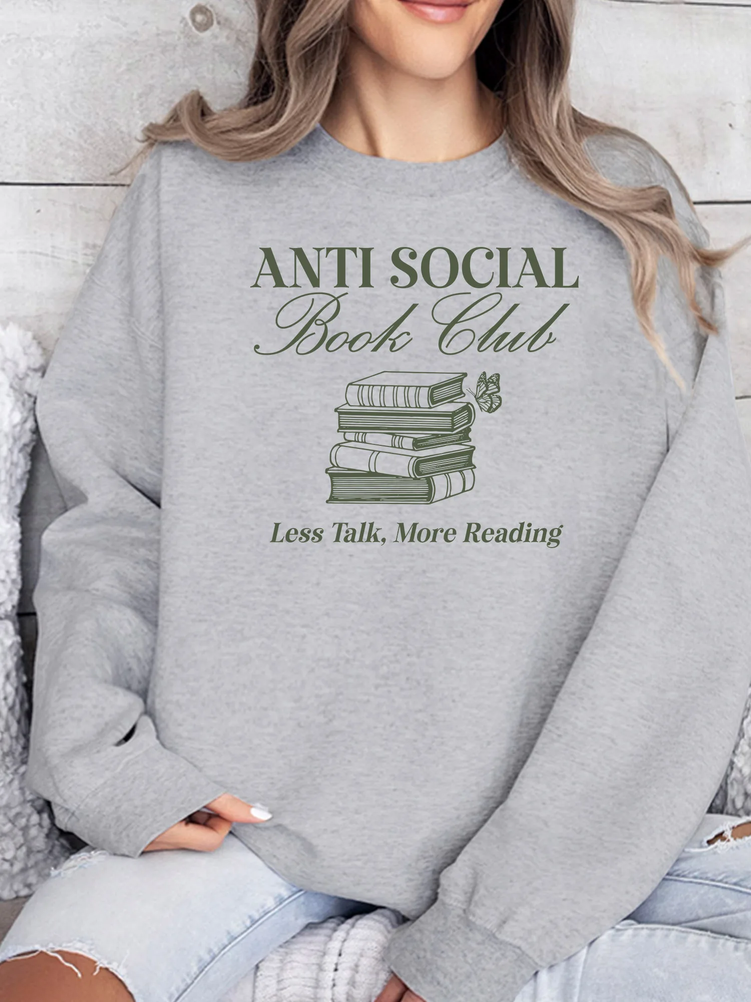 

Less Talk More Reading Women's Crew Neck Sweatshirt Casual Long Sleeve Pullover Loose Fit Fashionable Streetwear