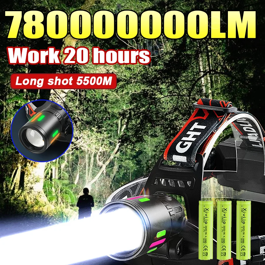 

NEW 780000000LM Ultra Bright Headlight Rechargeable Powerful Headlamp Long Shot 5500M Head Torch Fishing Hunting 18650
