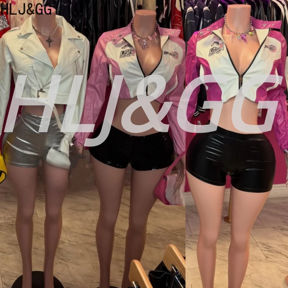 

HLJ&GG Fashion Y2K Letter Leather Jacket Two Piece Sets Women Zip Long Sleeve Crop Top + Sequin Shorts Outfits Female Streetwear