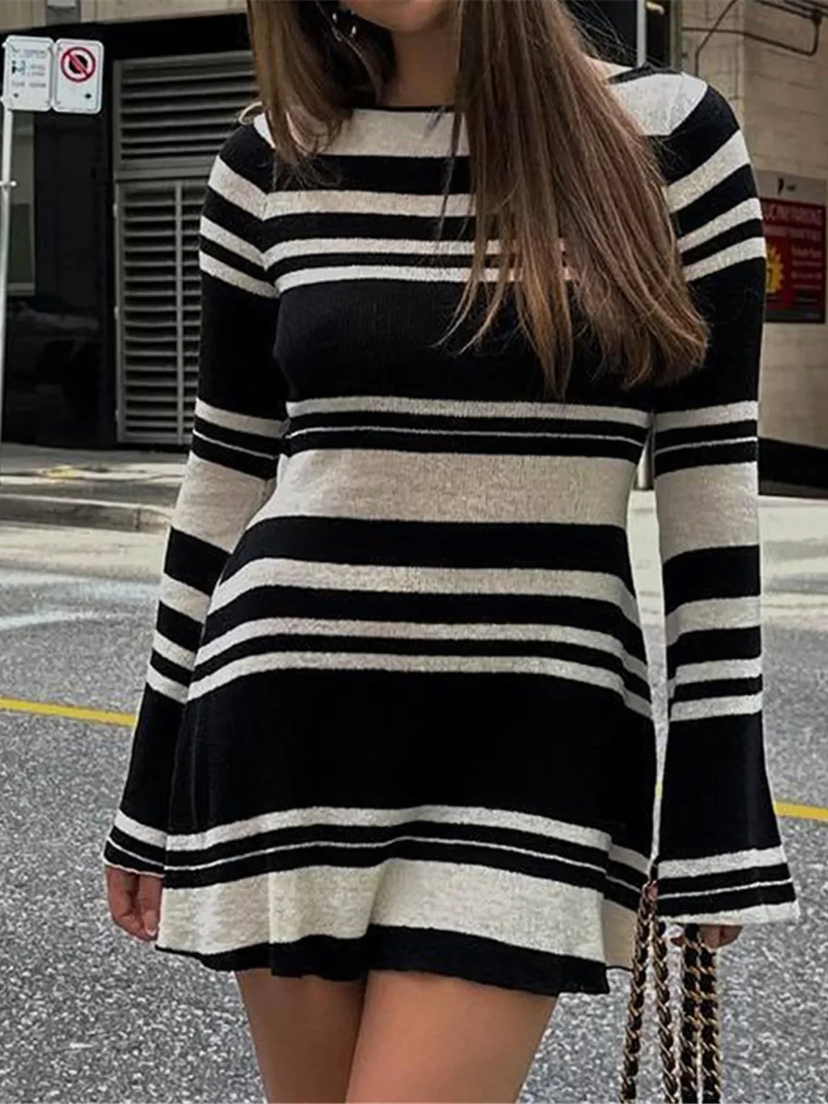 Striped Backless Long Sleeve Crochet Knitted Tunic Beach Cover Up Cover-ups Beach Dress Beach Wear Beachwear Female Women V6037