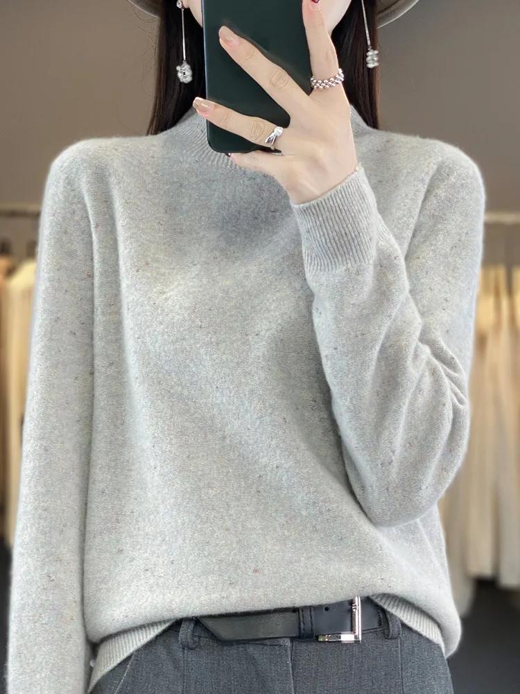 

Autumn Winter Sweater Women's Mock Neck Pullover 100% Merino Wool Knitted Dot Style Cashmere Casual Long Sleeve Female Clothes