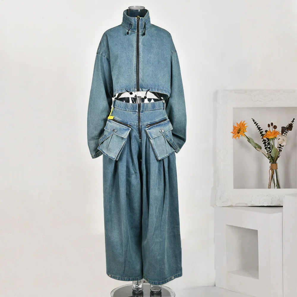 

Blue Two Piece Suit Denim Jacket Big Size Wide Leg Pants New Stand Collar Women Fashion Tide Spring Autumn 2023