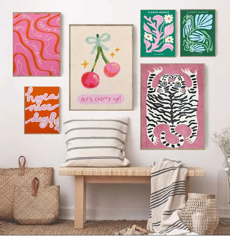 Fun Gallery Wall Art Bundle Retro Wall Art Fun Cherry Heart Snake Quote Pink Preppy Posters for Living Room Bedroom Decoration
