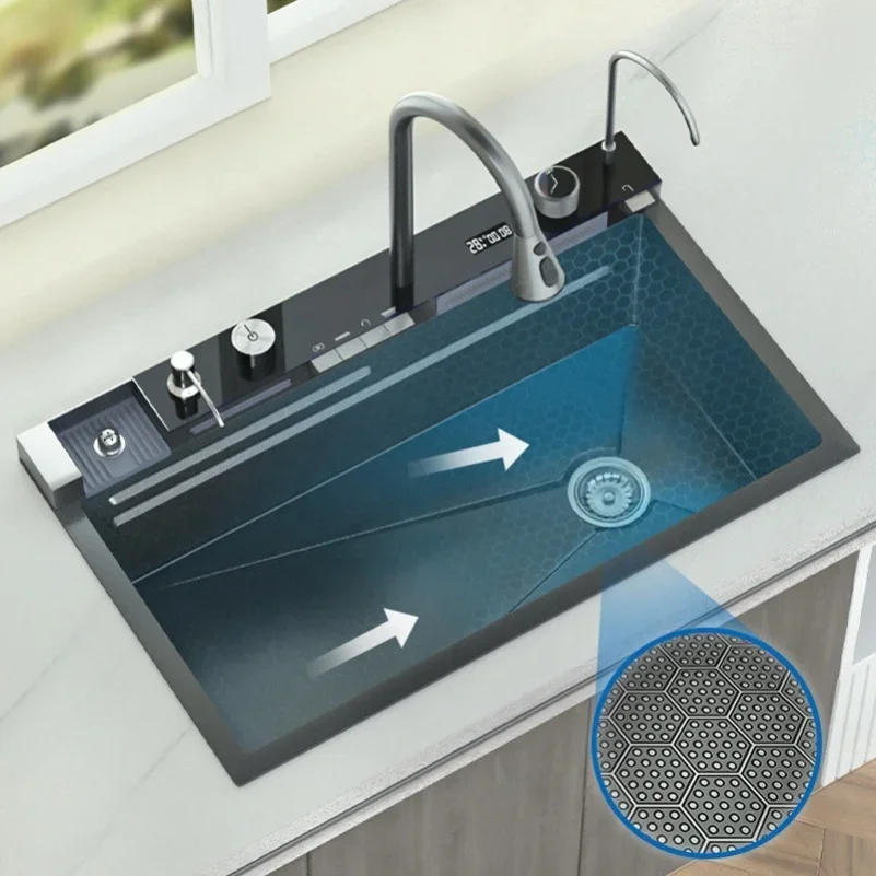 Multi-function Digital Display Waterfall Smart Kitchen Sink Single Bowl Kitchen Sink Nano Honeycomb Thickened Pool